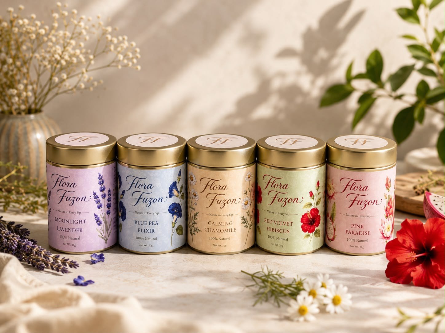 Full Flora Fuzon collection lineup on marble